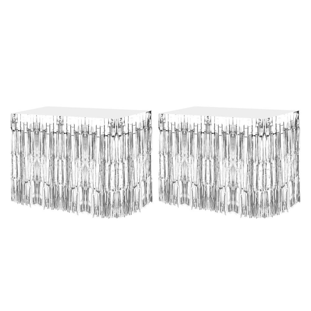 2 Pcs 29×108 Inch Silver Metallic Foil Fringe Tinsel Table Skirts