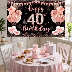 40th Birthday Decoration Backdrop Banner – Black Rose Gold Happy 40