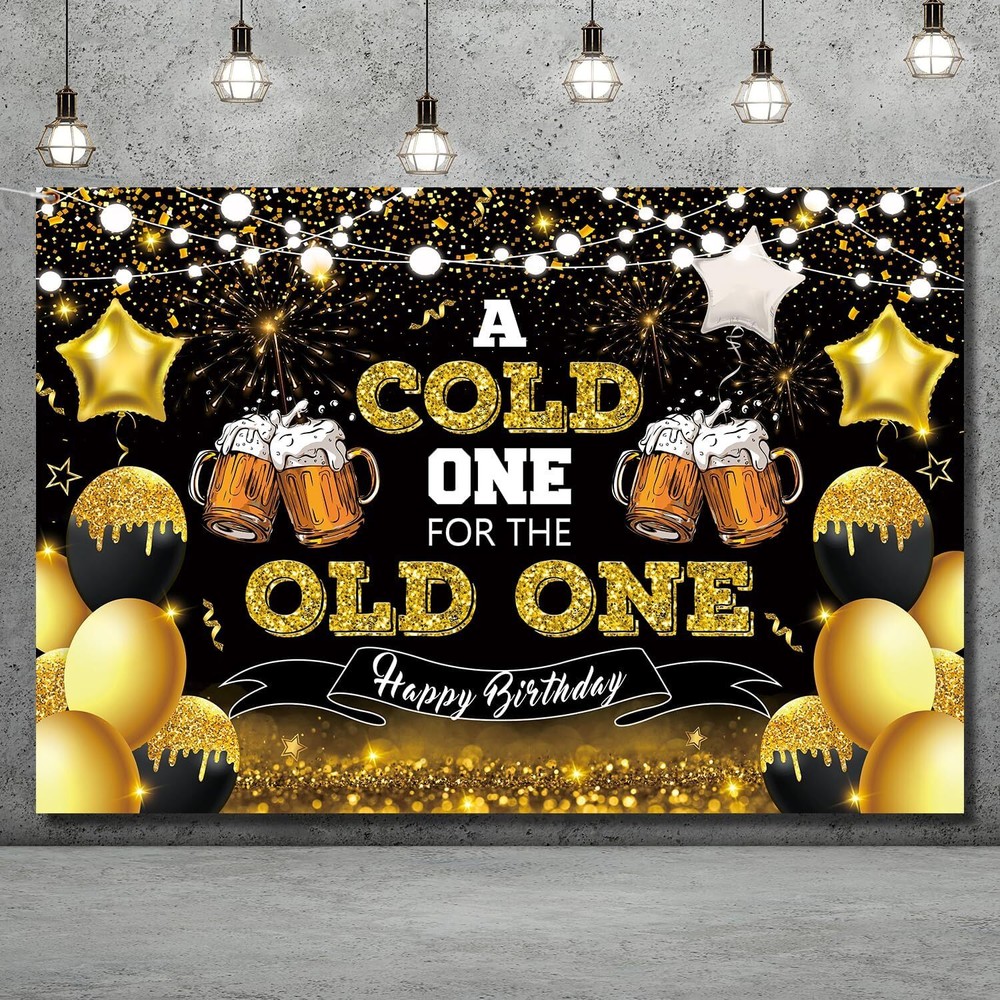 Beer Party Decorations,Black and Gold Happy Birthday Backdrop for Men a Cold One