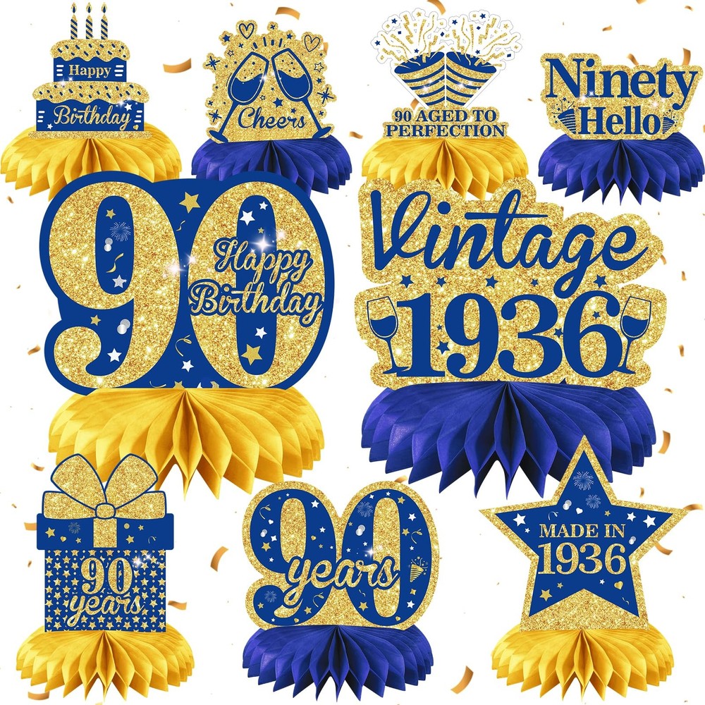 9Pcs Blue Gold 90th Birthday Decorations Blue 90th Birthday Honeycomb Centerpiec