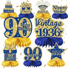 9Pcs Blue Gold 90th Birthday Decorations Blue 90th Birthday Honeycomb Centerpiec