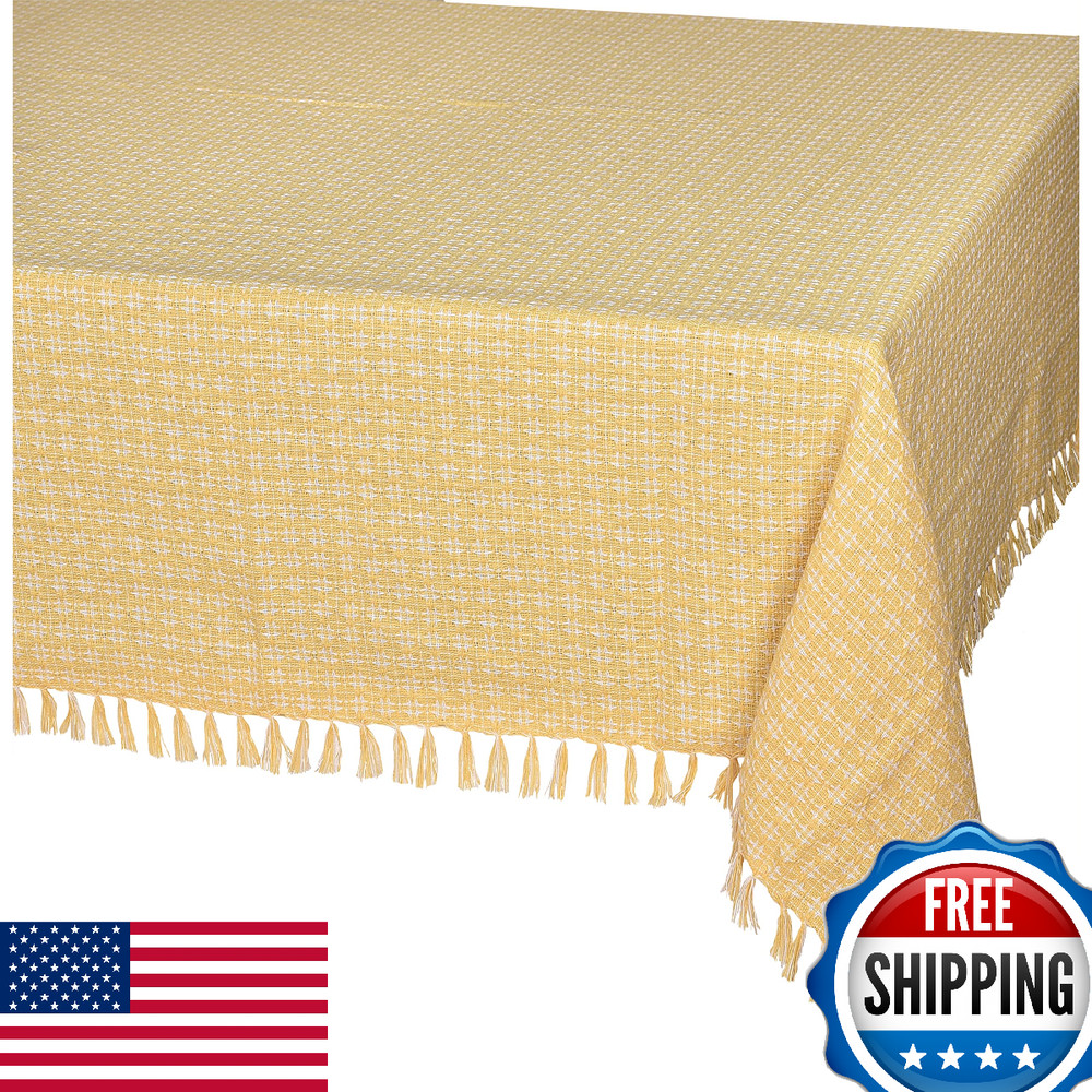 The Season Thread Yellow/White Woven Fringed 100% Cotton Tablecloth