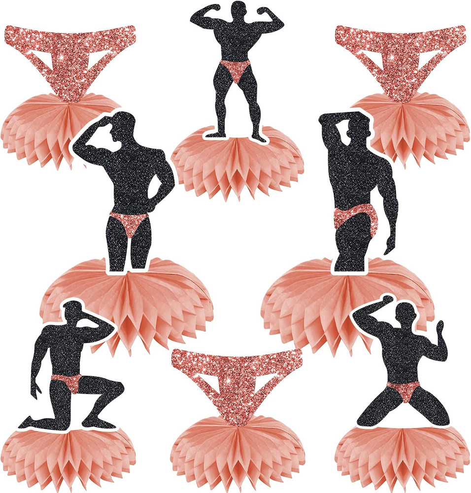 8Pcs Bachelorette Party Decorations, Rose Gold Funny Male Table Honeycomb Center