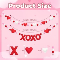 2pcs Valentine Garland Felt 3D Heart Ball Pompom Garland Red White Pom Pom Ba…