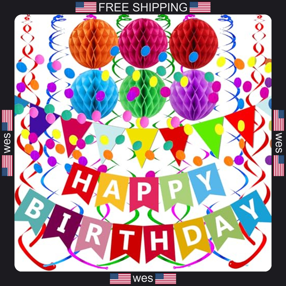 Fecedy Happy Birthday Banner With Colorful Paper Flag Bunting Paper Circle