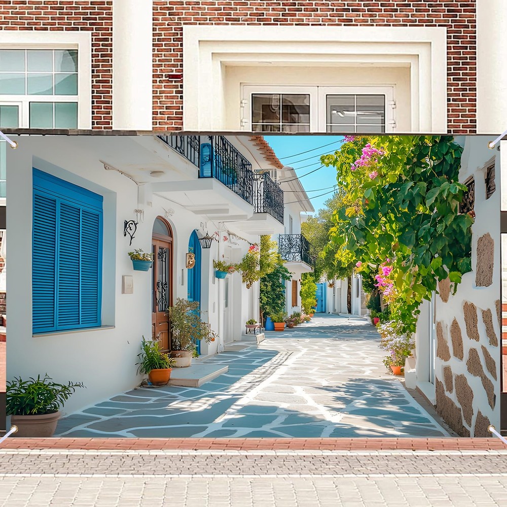 Greek Town Street Polyester Photo Backdrop Mediterranean Photography 90.55×70.86