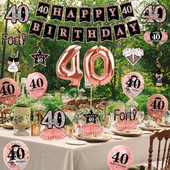 34Pcs 40Th Birthday Decorations Kit for Women, Rose Gold Happy 40 Birthday Banne