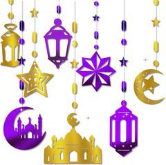 24 pcs Purple & Gold Eid Mubarak Hanging Pendant For Home Islam Party Decor