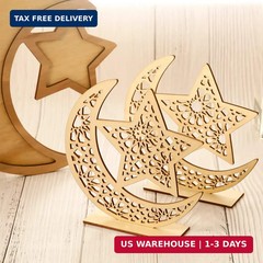 WILLBOND 2 Sets Ramadan Wooden Ornament, Ramadan Mubarak Decorations Eid Mubarak