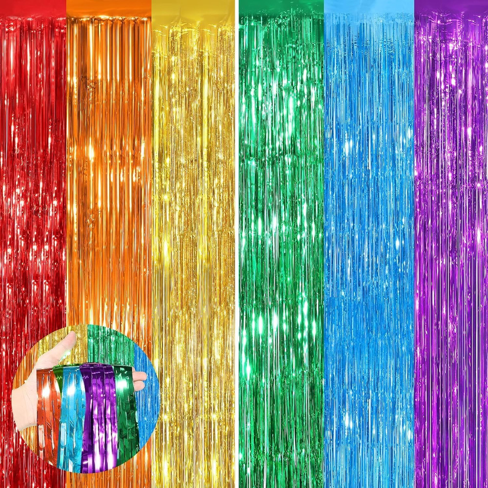 Rainbow Fringe Curtain Party Streamers 2Pack 3.3 X 8.3 Ft Foil Fringe Backdrop C