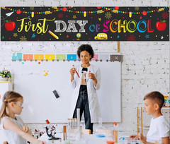 Happy First Day of School Decorations Banner Welcome Back to School Backdrop Pen