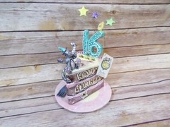 Heather Goldminc Blue Sky Happy 16 Birthday Ceramic Cake & Cat Tea Light Holder