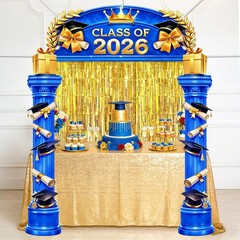 Class Of 2026 Graduation Decorations Blue Gold Arch Door Cover With 2 Gold Foil