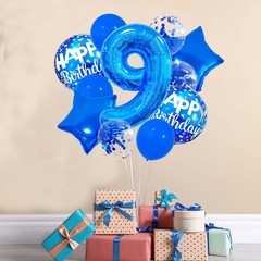 9 Balloon Number, Dark Blue Balloon, Blue Confetti Latex Balloon Foil 9 Birth…