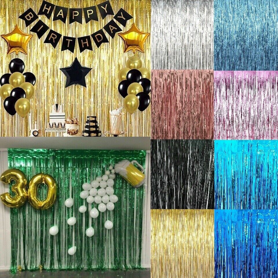 2M-3M Self Adhesive Foil Fringe Tinsel Shimmer Curtain Happy Birthday Party Door