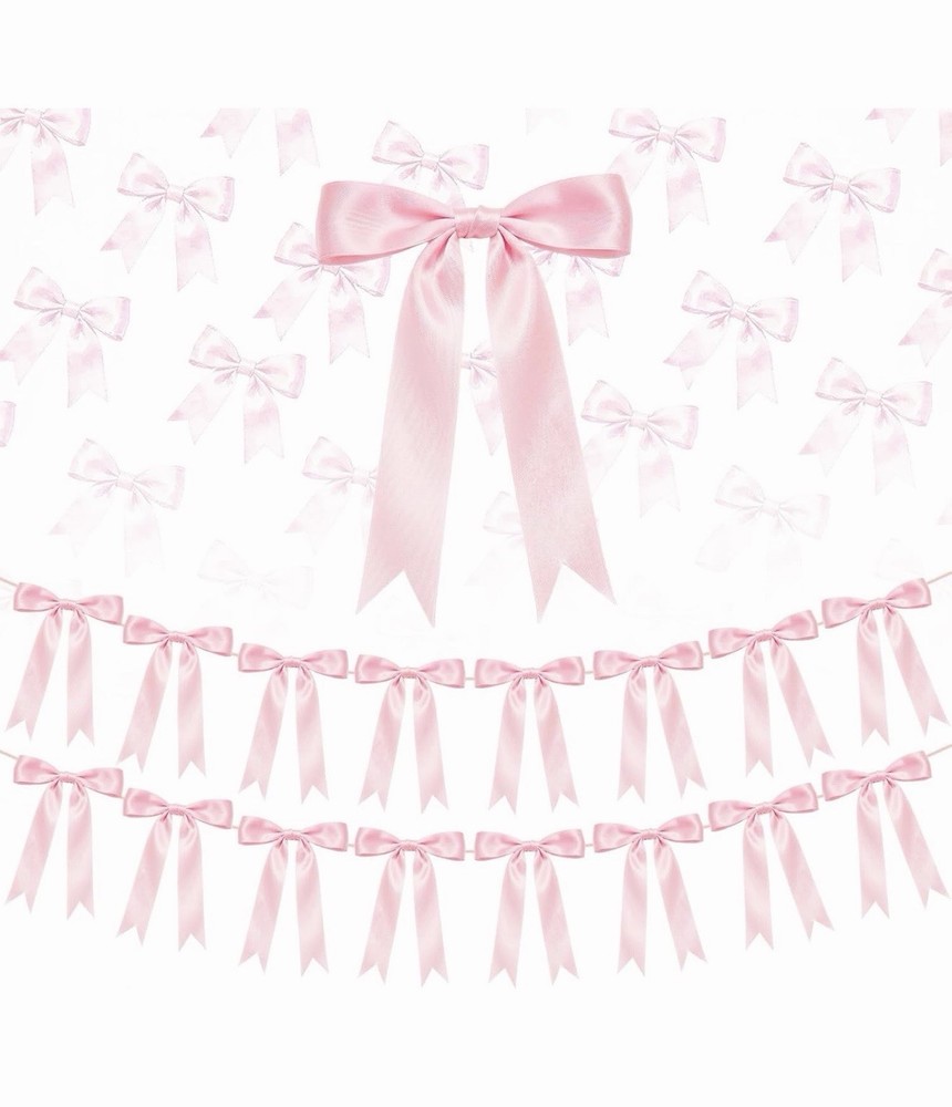 2 Strings of 16PCS Pink Bow Garlands Banner Decoration,Pre-Strung Satin Ribbo…