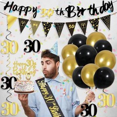 30th Birthday Decorations Set – 27pcs Black Gold Party Supplies, Banner, Balloon