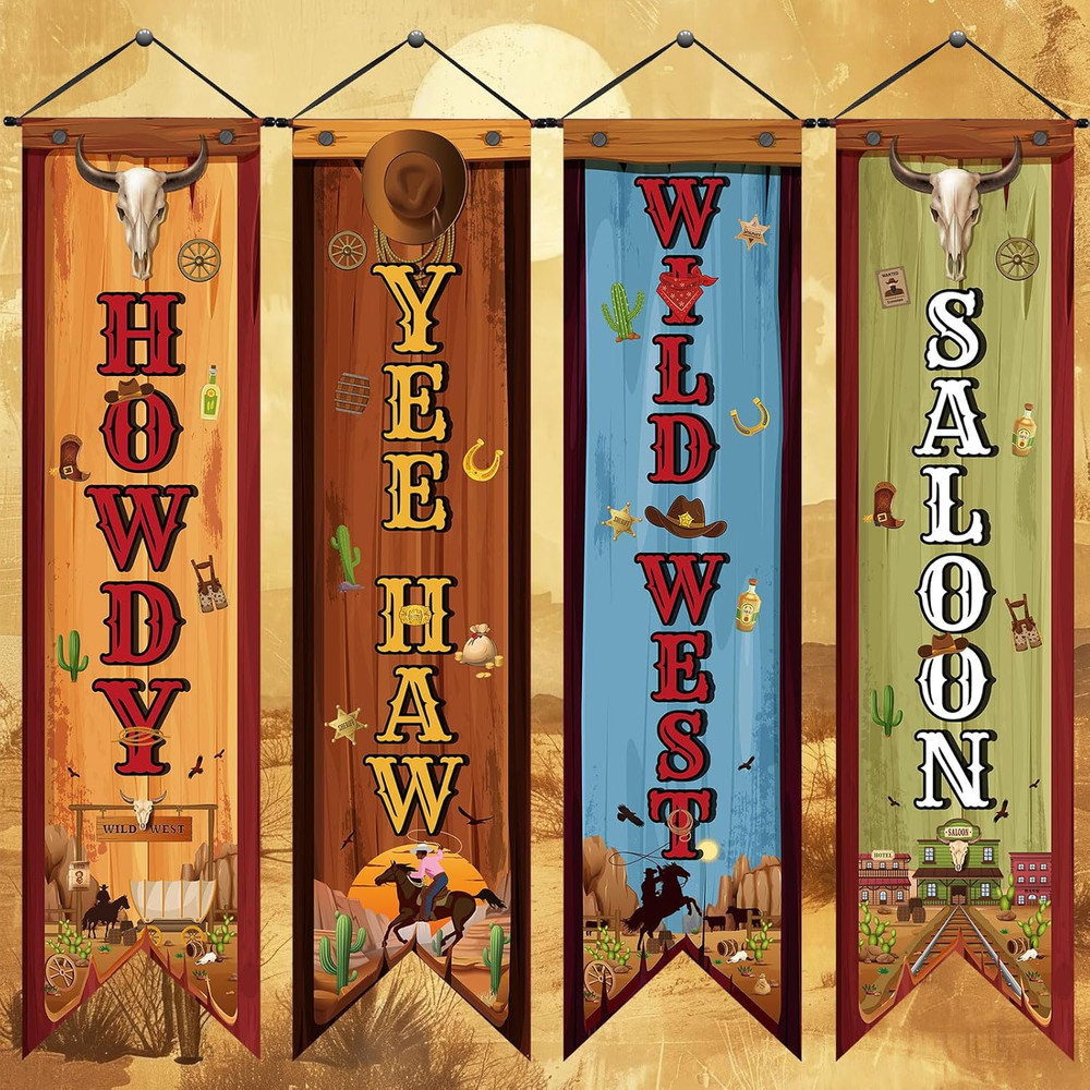 4 Western Party Decorations Cowboy Banners Wild West Hanging Decor Howdy Yes Haw