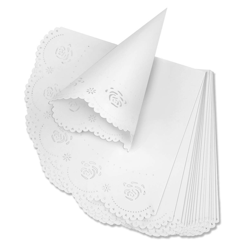 50 PCS White Paper Wedding Confetti Cones Hollow Rose Print Petal Holders