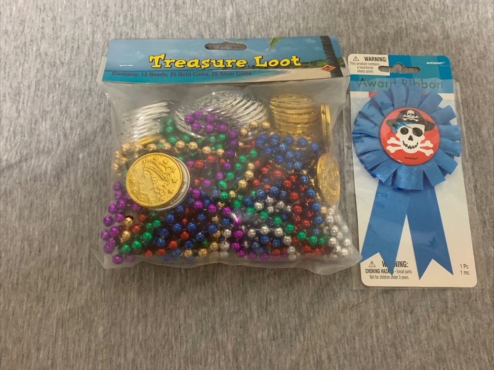 Beistle Creation Treasure Loot Beads & Coins & Pirate Award Ribbon