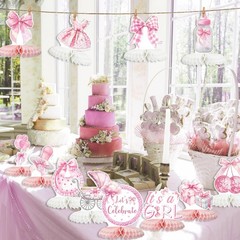 12 Pcs Pink Bow Baby Shower Party Honeycomb Centepieces Bow Coquette Table De…
