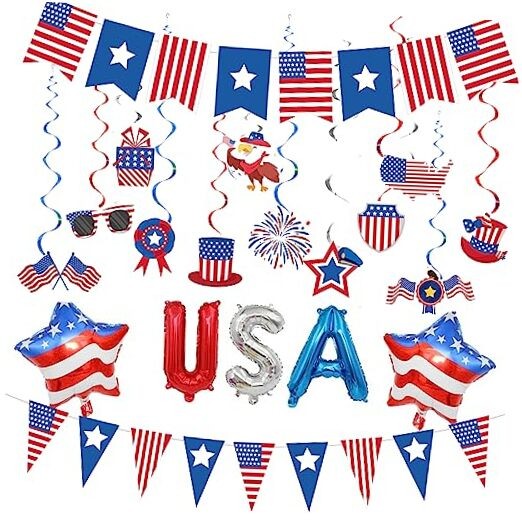 USA Party Decorations, Red Blue White Decorations with American Flag Banner,