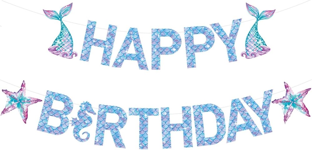 🔥Mermaid Happy Birthday Banner, Mermaid Birthday Party Decorations🔥