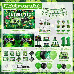 11Th Birthday Decorations for Boys, 149Pcs Green Video Game Level 11 Party Suppl