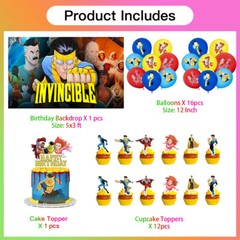 Invincible Party Supplies Set Balloons Cake Toppers Banner Birthday Decor