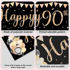 Happy 90th Birthday Banner Sign Black Gold Glitter 90 Years Old Birthday Party H