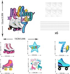 7 PCS Rolling into 7 Roller Skate Cake Toppers Set 7th Birthday Party Decor
