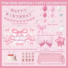 Pink Birthday Party Decorations for women, Backdrop,Pink Bow Balloons Arch,Gl…