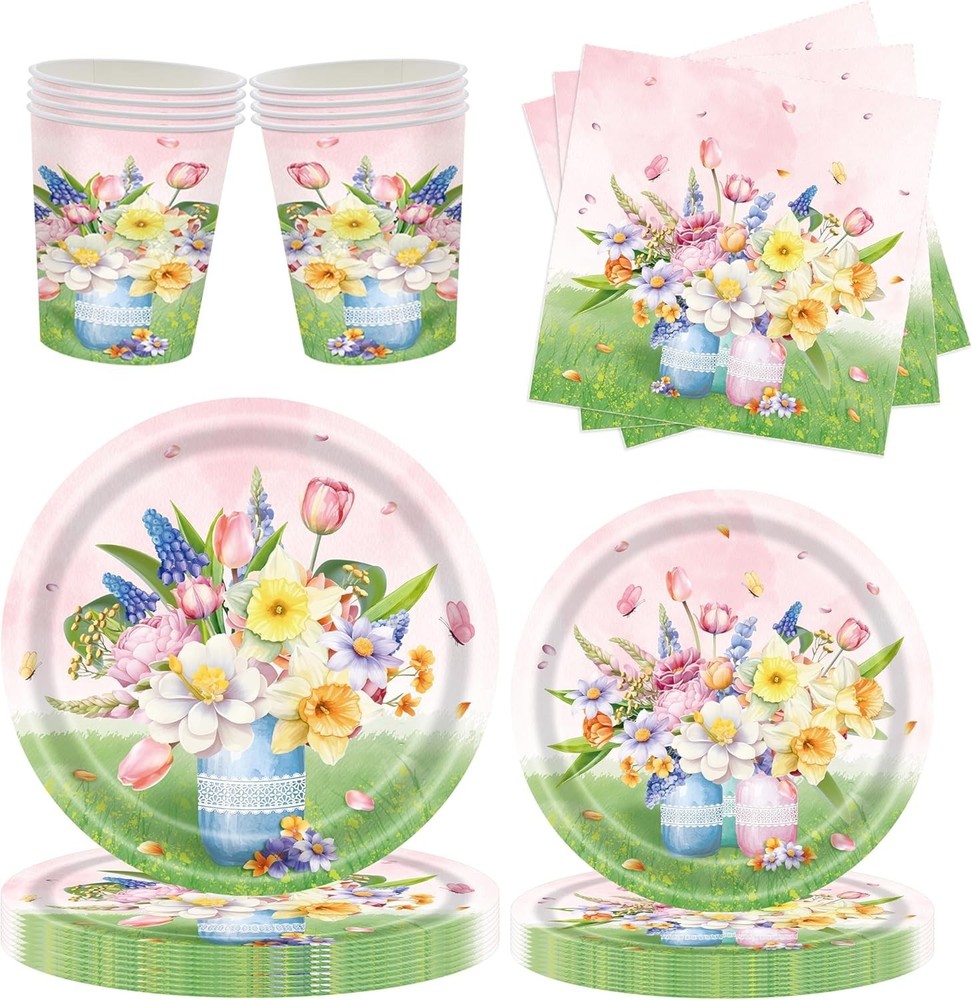 Floral Print Disposable Birthday Tableware (Plates, Napkins, Cups)