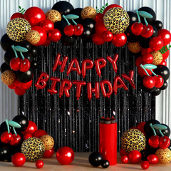 119Pcs Red Cheetah Print Birthday Decorations Balloons Kit, Black Red Cherry Leo