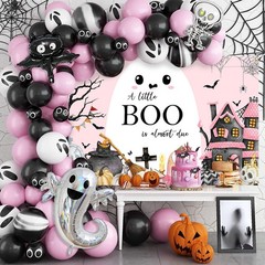 Mocsicka Little Boo Halloween Baby Shower Backdrop Banner Pink Black 70.8×43.3in