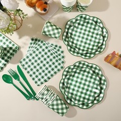 Green Gingham Plaid Party Tableware Set (Plates, Cups, Napkins, Utensils)