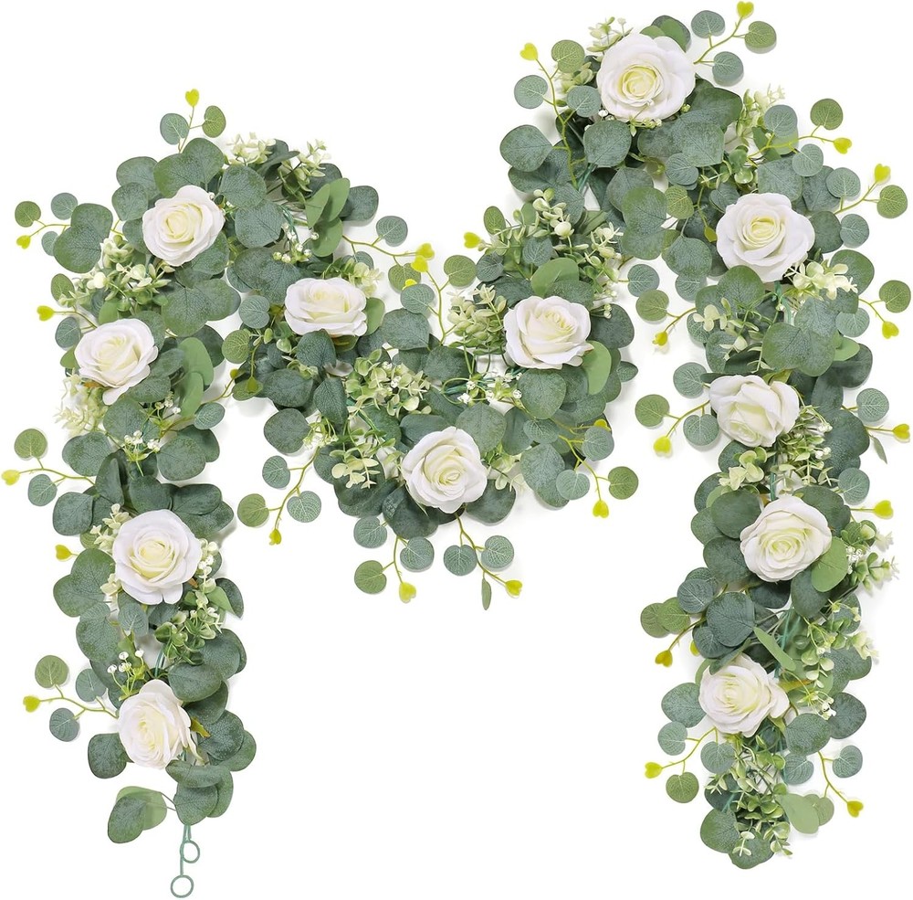2Pcs(13 Ft) Artificial Eucalyptus Flower Garland with White Rose Flowers,Faux