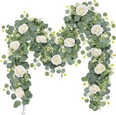 2Pcs(13 Ft) Artificial Eucalyptus Flower Garland with White Rose Flowers,Faux