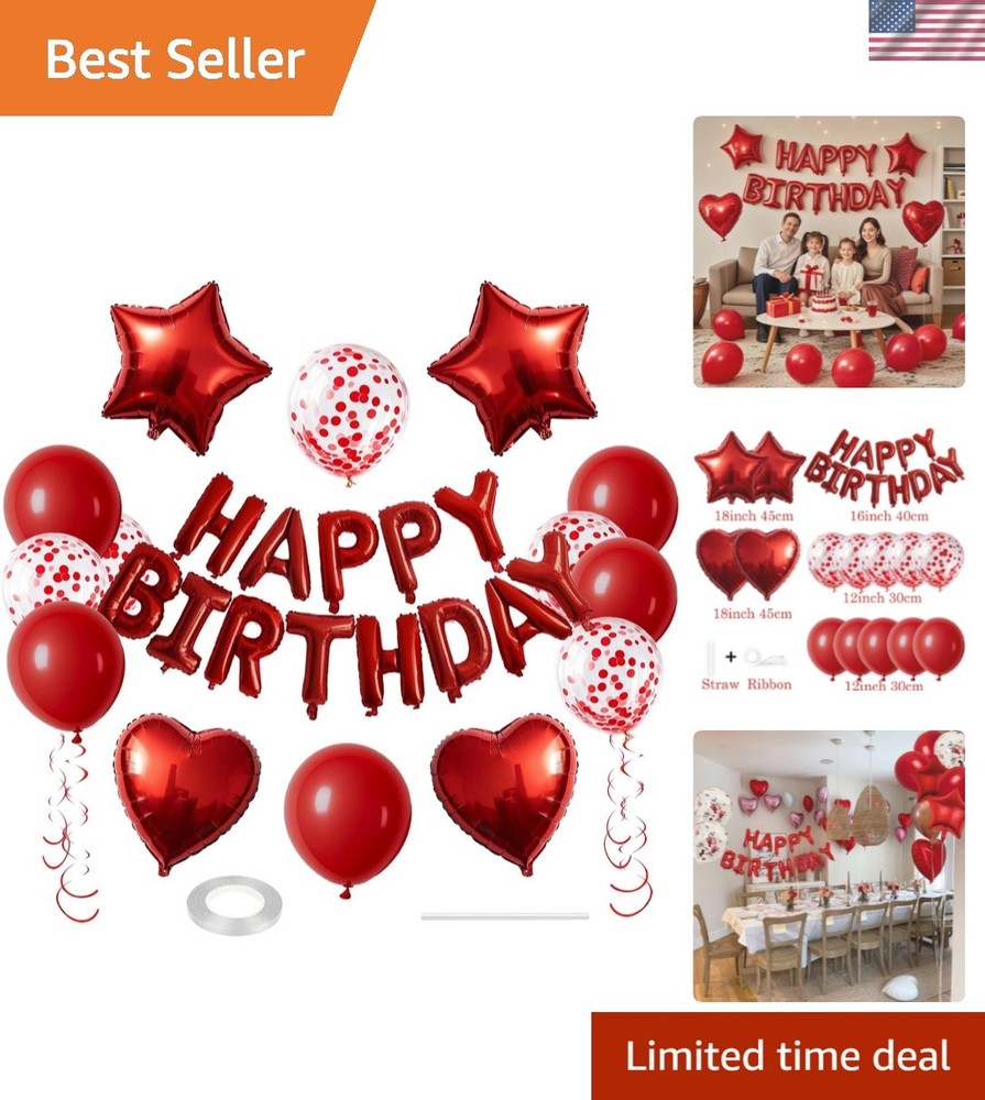 27 Pcs Red Birthday Decorations, 3D Foil Red Happy Birthday Balloon Banner, P…