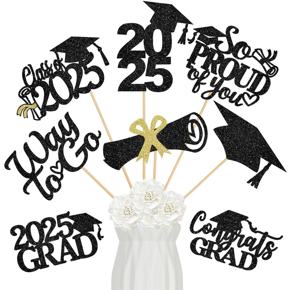 24Pcs Black 2025 Graduation Table Centerpieces Sticks 2025 Graduation Party C…