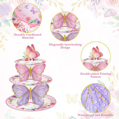 2 Pcs 3 Tier Butterfly Cupcake Stand Butterfly Birthday Decorations Spring Cupca