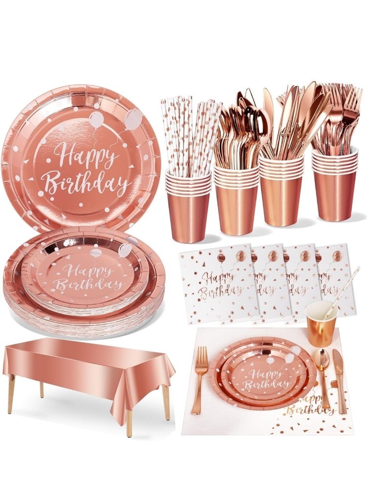 Birthday Party Tableware Dinnerware Set, 161 Pieces, Serves 20, Rose Gold