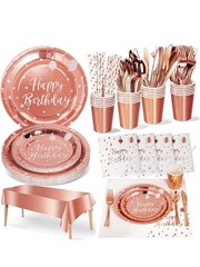 Birthday Party Tableware Dinnerware Set, 161 Pieces, Serves 20, Rose Gold