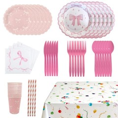 Pink Bow Birthday Party Supplies for 24 – Bow Plates, Napkins, Cups & Tablecloth
