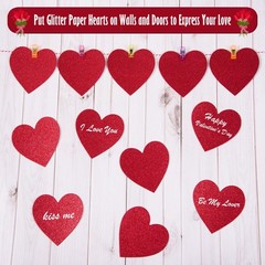 180 PCS 4 Inch Red Glitter Heart Cutouts Paper Valentine Die Cut Crafts