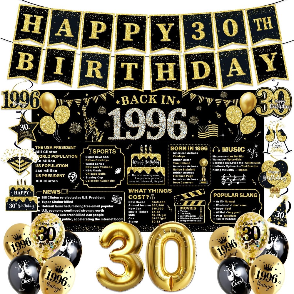 30th Birthday Decorations for Men Women Black Gold, 37PCS S, 30/1996