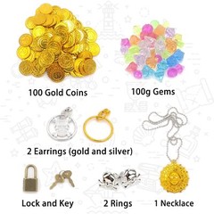 Kids Pirate Treasure Chest With 100 Gold Coins Gems Jewelry Perfect Party Favor