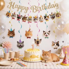 Cat Happy Banner Pre-Strung Cat Party Decorations NO DIY Gold Glitter Happy S…