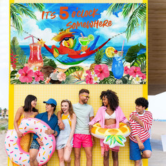 It’S 5 O’ Clock Somewhere Summer Backdrop Tropical Parrot Banner Beach Hawaii De