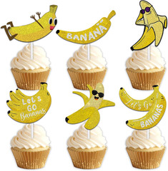 18Pcs Yellow Glitter Fruit Banana Dessert Cupcake Topper Pick for Let’S Go Banan